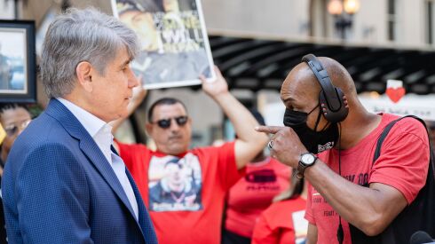 Former Gov. Rod Blagojevich is confronted by wrongful conviction activist Mark Clements during a press conference Friday across from State’s Attorney Kim Foxx’s downtown offices.