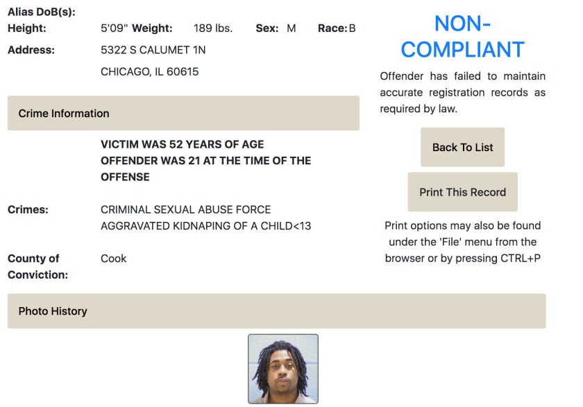 The Illinois State Police sex offender registry listing that shows Hamidullah Tribble, one of those convicted in the attacks on a female detainee at the Markham courthouse.