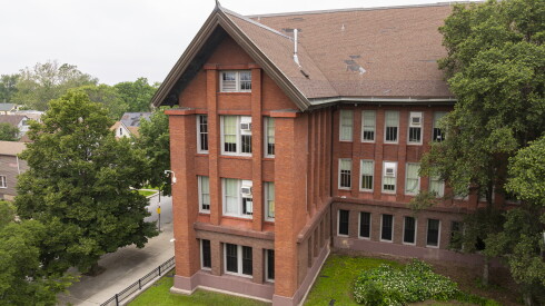 Aerial view showing a portion of the four-story Bowen High School.