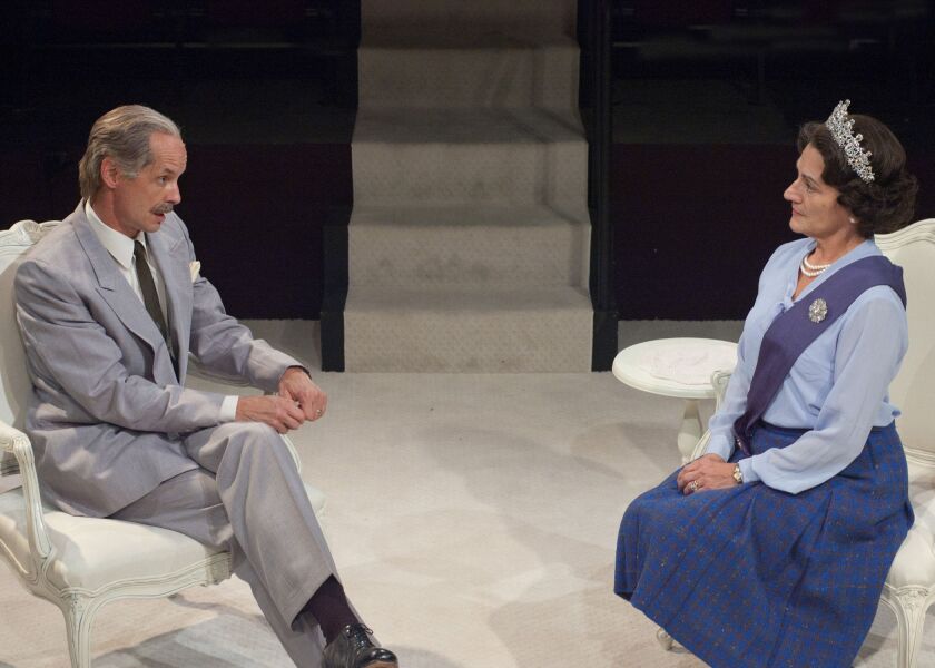 Mark Ulrich plays Prime Minister Anthony Eden and Janet Ulrich Brooks plays Queen Elizabeth II in the TimeLine Theatre production of “The Audience.” | Lara Goetsch