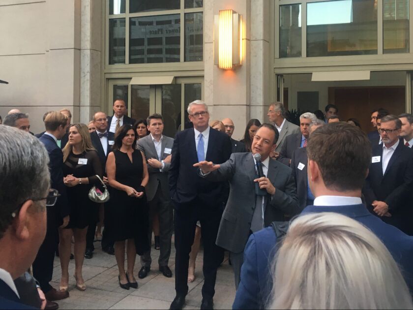 Former White House chief of staff Reince Priebus addresses donors at a fundraiser for state House Republican Leader Jim Durkin at the Peninsula Chicago on Tuesday. Photo by Tina Sfondeles.