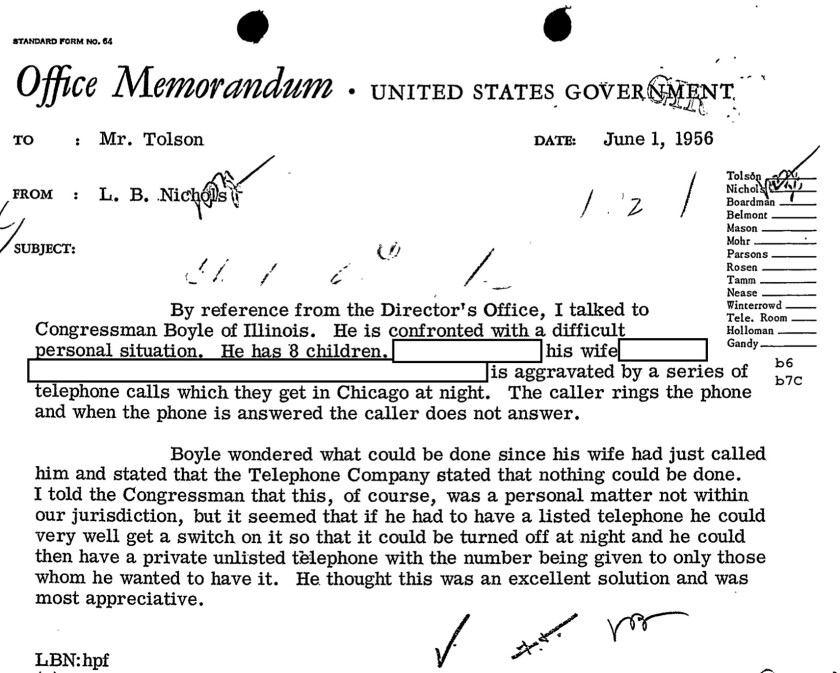 An FBI file on U.S. Rep. Charles Boyle reveals advice on dealing with crank calls.