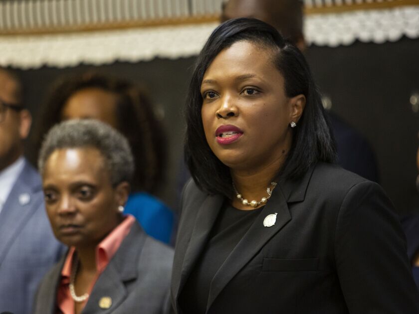 Chicago Public Schools CEO Janice Jackson speaks about the Chicago Teachers Union strike during a press conference on Monday.