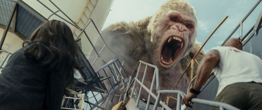 The oversized gorilla of “Rampage” couldn’t be tied down. | Warner Bros.
