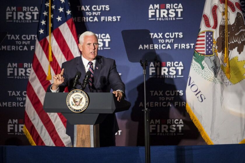 Vice President Mike Pence touts the Tax Cuts and Jobs Act during an America First Policies event at the Westin O’Hare in Rosemont, on Friday afternoon. | Ashlee Rezin/Sun-Times