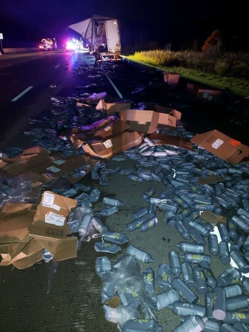 The westbound lanes of I-94 in Chesterton, Indiana, were closed for more than two hours after one semi trailer sideswiped another and spilled shampoo bottles across the road. | Indiana State Police