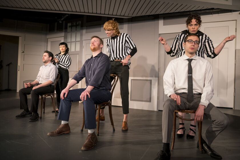 Stylists at a sport-themed hair salon (from left: Sayjal Joshi, Emily Fightmaster and Katie Kershaw) work on customers (Jasbir Singh Vazquez, Andrew Knox, Alan Linic) in “Gaslight District.” | © TODD ROSENBERG PHOTOGRAPHY