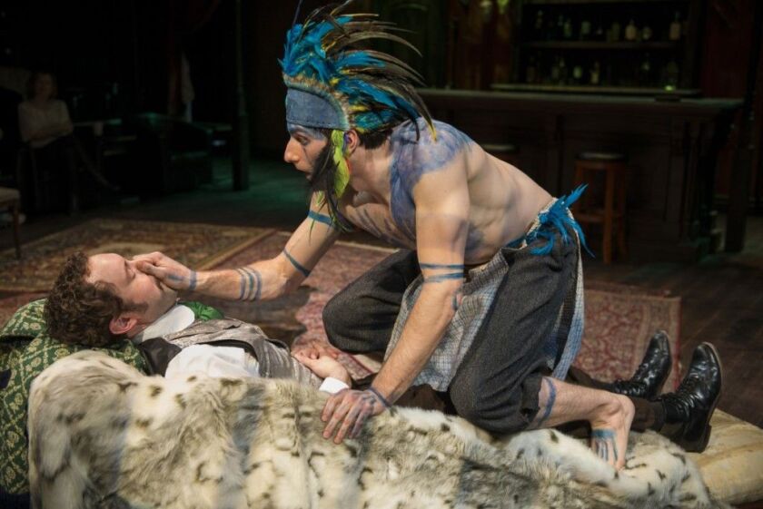 Alex Goodrich and Wesley Daniel (in feathers) in “The Explorers Club.” (Photo: Michael Brosilow)