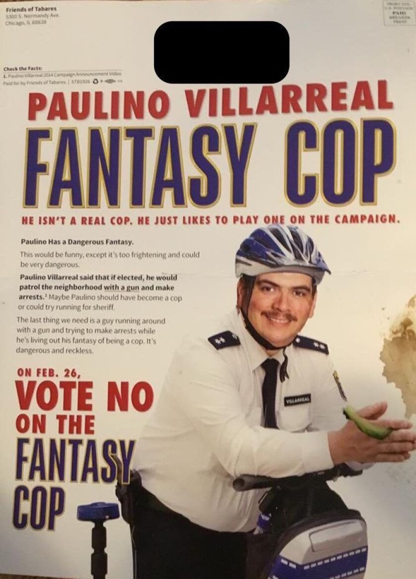 Campaign mailer that 23rd Ward aldermanic candidate Paulino Villarreal says was sent by the campaign of Ald. Silvana Tabares. Provided.