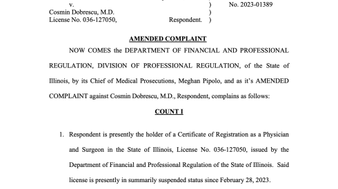 Part of the complaint filed by Illinois regulators against Dr. Cosmin Dobrescu.