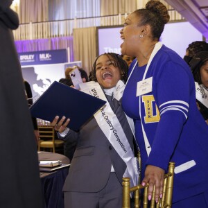 Kaiden Phelps celebrates his second place finish during the 7th annual MLK Jr. Oratory Competition at The Duke Hotel.