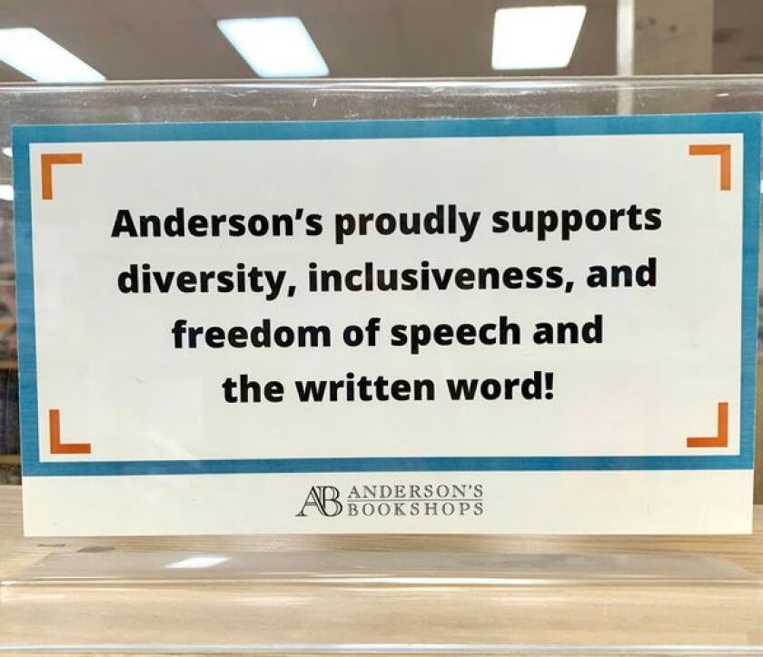 A sign posted in Anderson’s Bookshop in Naperville.