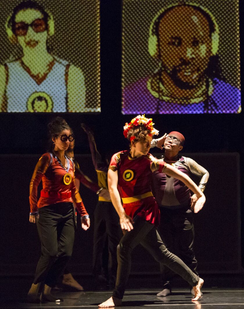 Lucky Plush Productions ensemble members as their “superhero” alter egos in “Trip the Light Fantastic: The Making of SuperStrip.” Photo: William Frederking