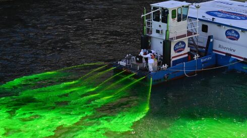 The Chicago River is dyed green Saturday.
