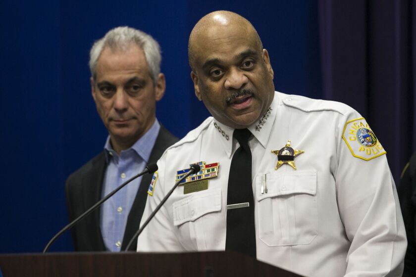 Chicago Police Supt. Eddie Johnson announces charges against 44-year-old Shomari Legghette in connection with the death of Cmdr. Paul Bauer during a press conference at department headquarters Wednesday afternoon, Feb. 14, 2018. Bauer was shot to death Tu