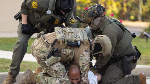 Protester Paul Ivery is arrested by U.S. Border Patrol agents outside of the Broadview ICE detention facility, Saturday, Sept. 27, 2025. | Candace Dane Chambers/Sun-Times.