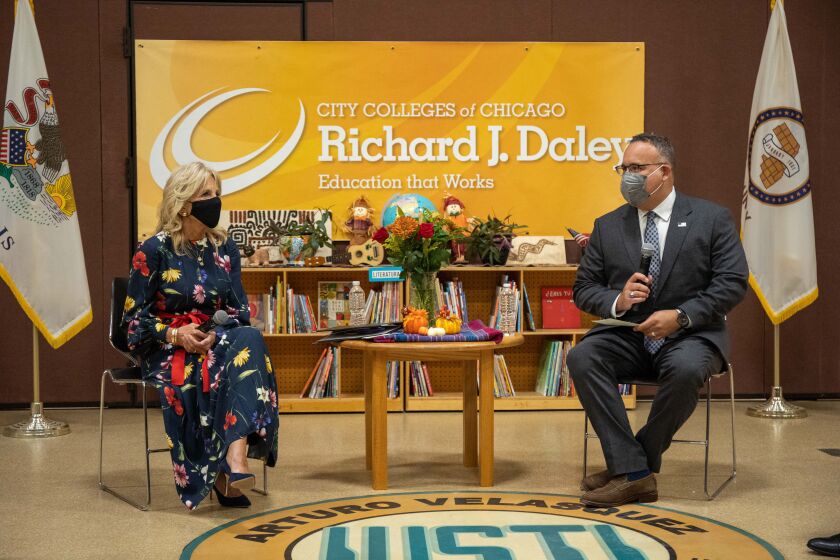 First lady Jill Biden and Education Secretary Miguel Cardona spoke Wednesday at Arturo Velasquez Institute in Little Village.