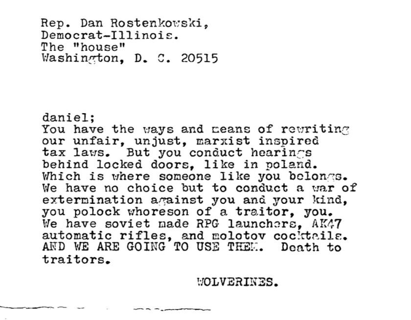 A threat sent to then-U.S. Rep. Dan Rostenkowski.