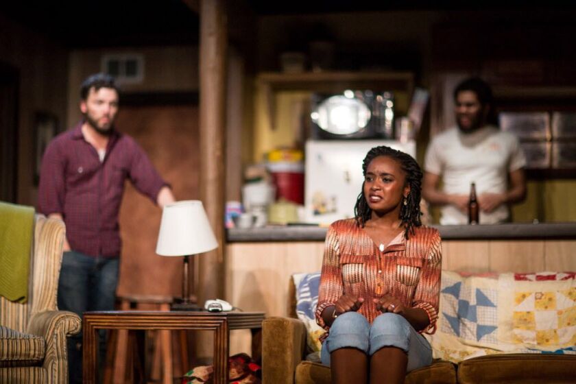 Evan Linder ((from left), Kiki Layne and Jeffery Owen Freelon Jr. star in The New Colony and Definition Theatre Company’s 2016 world premiere of “Byhalia, Mississippi,” written by Evan Linder and directed by Tyrone Phillips. | Joe Mazza/Brave Lux