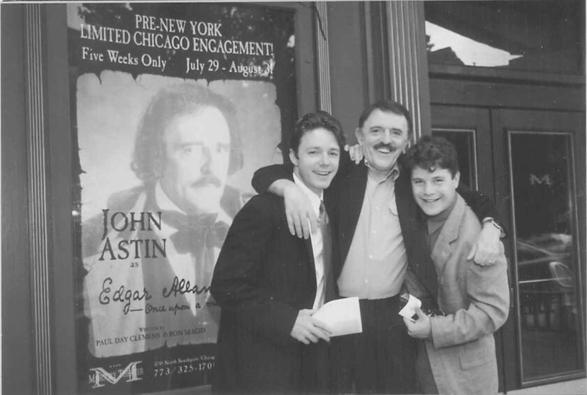 Actor John Astin (center) poses with his sons MacKenzie (left) and Sean) under the marquee of the Mercury Theater in Chicago in 1997.