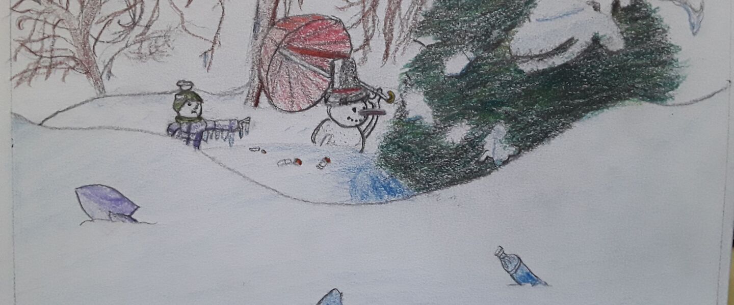 An umbrella-toting snowman by Carlos T., 17, a junior at Hancock College Prep High School on the Southwest Side.