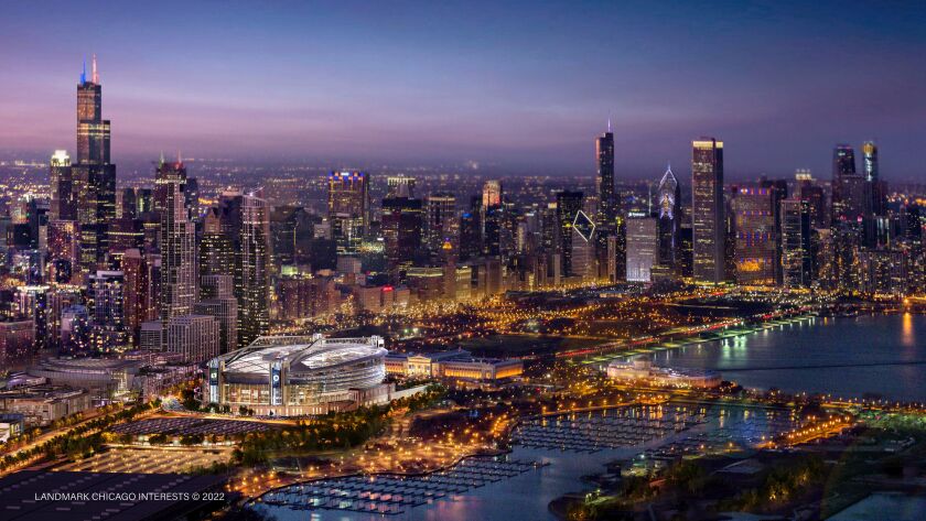 A rendering of an aerial view of a renovated, domed Soldier Field. 