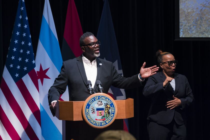 Mayor Brandon Johnson speaks about the importance of new memorials during a grant announcement for the Chicago Monuments Project at the Green Line Performing Arts Center at 329 E. Garfield Blvd in Washington Park, Monday, June 19, 2023. | Anthony Vazquez/Sun-Times