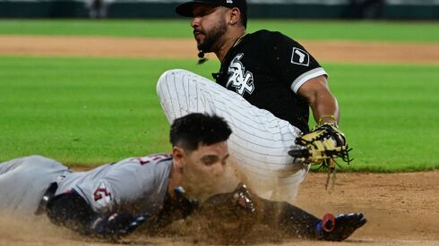 Jose Abreu of the White Sox gets the final out of a game against the Guardians in May.