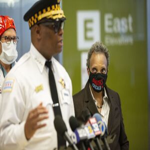 Mayor Lori Lightfoot listens as Chicago Police Supt. David Brown gives the media an update on an officer’s condition and investigation after the shooting of the off-duty police officer at the University of Chicago Medical Center in Hyde Park, Monday afternoon, March 15, 2021.
