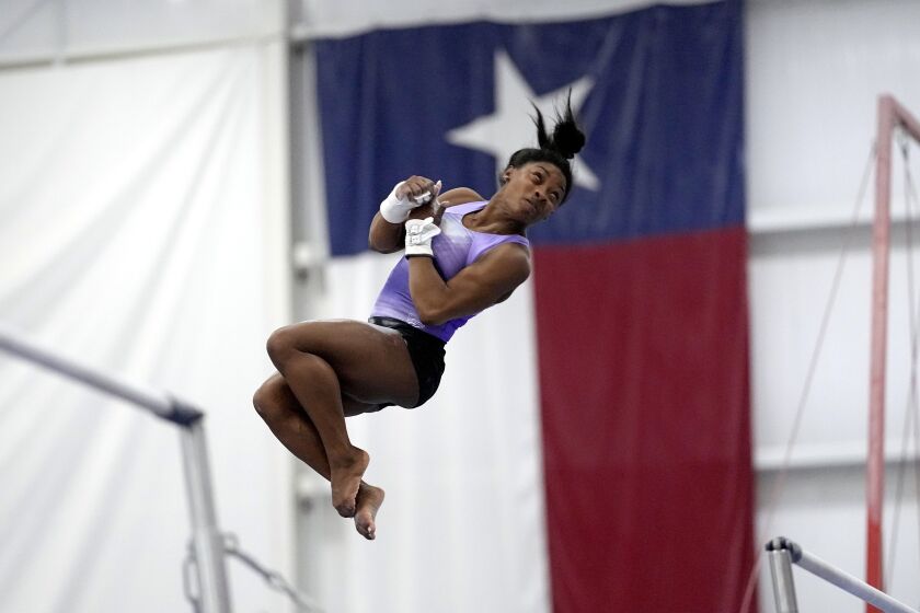 Simone Biles works on a routine earlier this month.