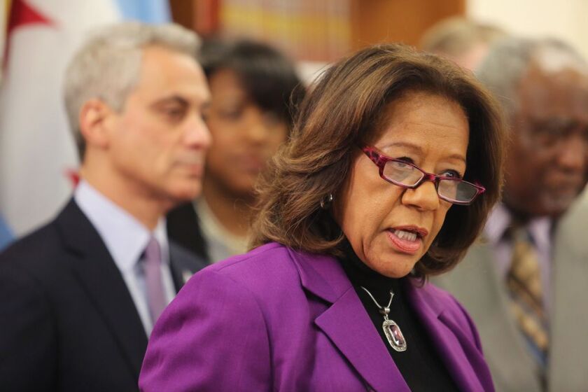 Then-CPS CEO Barbara Byrd-Bennett joined Mayor Rahm Emanuel in April 2014 to announce plans for Barack Obama College Preparatory High School. She later went to prison in a bribery scandal involving a CPS contractor. | Sun-Times files