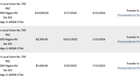 Among the contributions from a Teamsters chapter to Cook County Board President Toni Preckwinkle's campaign account.