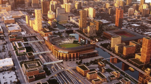 A rendering of The Railyards, a new proposal for a mixed-use development along the Chicago River that includes a potential new place for the Chicago White Sox ballpark.