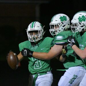 Notre Dame’s Frank Giamarusti (3) celebrates after scoring a touchdown. Worsom Robinson/For the Sun-Times.