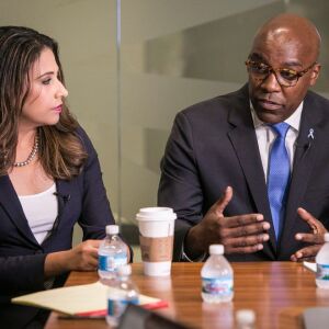 Illinois Attorney General nominees Erika Harold (R) and Kwame Raoul (D) at a Sun-Times Editorial Board forum Tuesday, Sept. 18, 2018. | Rich Hein/Sun-Times