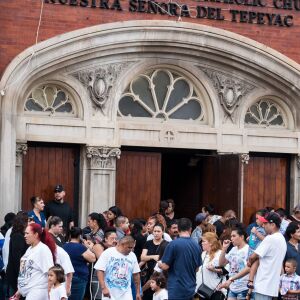 Family and friends of the Little Village fire victims gather outside of Our Lady Of Tepeyac church following funeral services on September 1, 2018. | Max Herman/For the Sun-Times