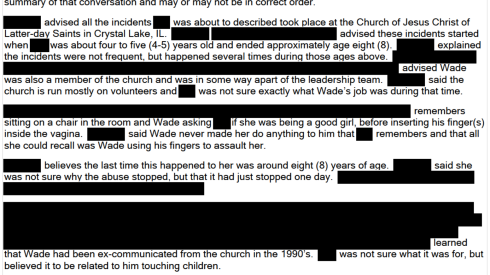 A Crystal Lake police report showing a child sex abuse allegation against Wade Christofferson while he was involved with the Mormon church in the far northwest suburb. Criminal charges weren't lodged because the statute of limitations had expired by the time police learned of the alleged misconduct, records show.