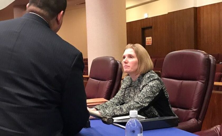 Transportation Commissioner Rebekah Scheinfeld talks to Plan Commission Chairman Martin Cabrera after Thursday’s meeting in the City Council chambers. | Fran Spielman/Sun-Times