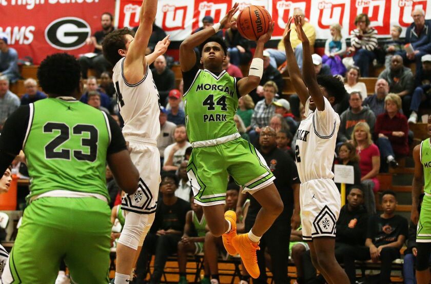 Morgan Park’s Adam Miller (44) shoots from just outside the lane in the second half of the Mustangs 76-67 victory over Fenwick, January 20, 2018. Allen Cunningham / For the Sun-Times.