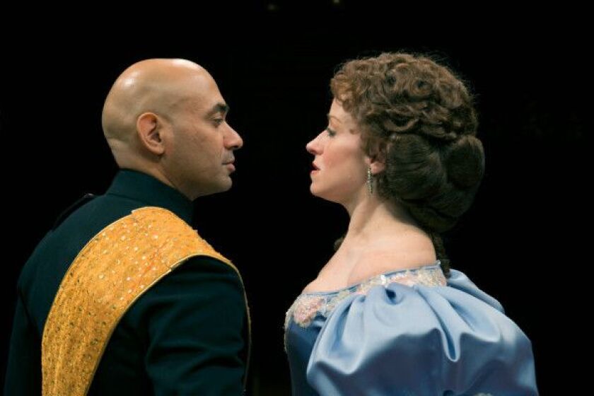 Andrew Ramcharan Guilarte stars as The King and Heidi Kettenring portrays Anna in “The King and I” at The Marriott Theatre in Lincolnshire. | Mark Campbel