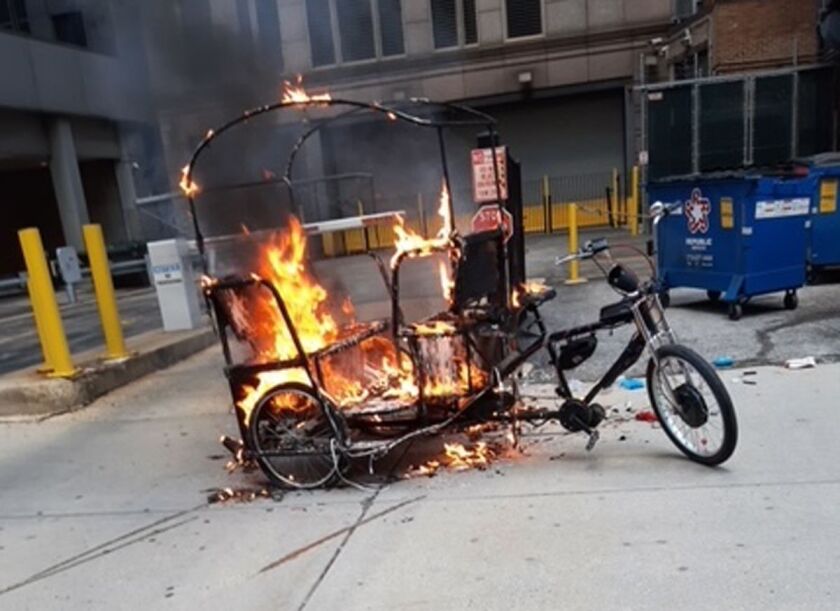 Ald. Brendan Reilly sent this photo to the Sun-Times on July 20, 2021 that he said was a pedicab that had caught fire because an electrical short in its sound system.