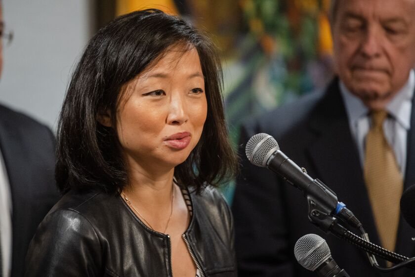 Il direttore dell'American Business Immigration Coalition Rebecca Shi parla venerdì all'Union League Club.