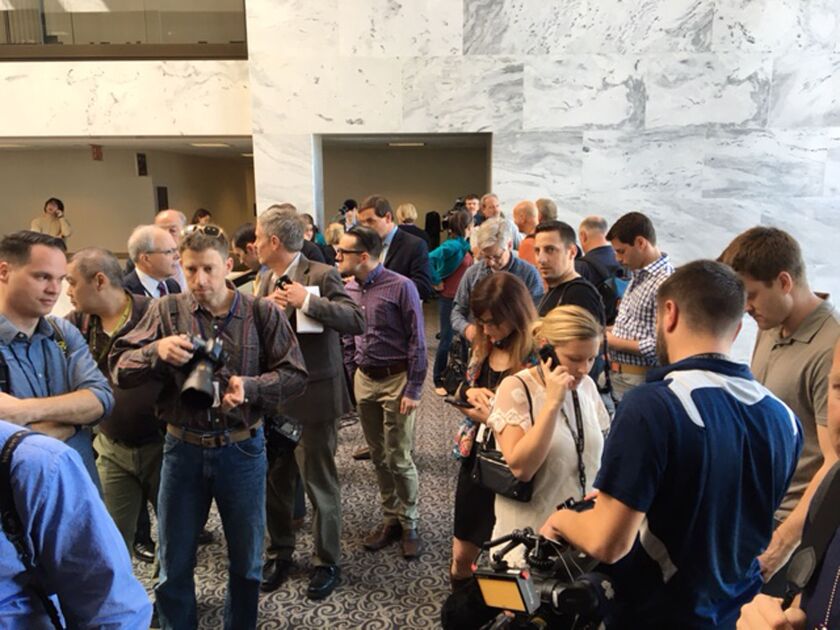 Reporters in the hallway outside the office of Sen. Mark Kirk, R-Ill., Kirk met with U.S. Supreme Court nominee Merrick Garland Tuesday afternoon. | Lynn Sweet/Chicago Sun-Times