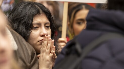 Hundreds of students from area high schools rally in Federal Plaza, in The Loop, joining students around the country in a national high school walkout day to protest Immigration Customs Enforcement and the Department of Homeland Security, Friday, Feb. 13, 2026. Some of the students came from as far north as Senn High School and as far south as South Shore International College Prep. | Tyler Pasciak LaRiviere/Sun-Times