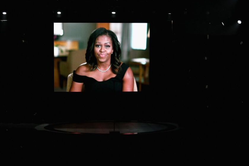 Michelle Obama pays tribute to Chance the Rapper via a video at the 2017 BET Awards at Microsoft Theater on June 25, 2017 in Los Angeles, California. | Frederick M. Brown/Getty Images