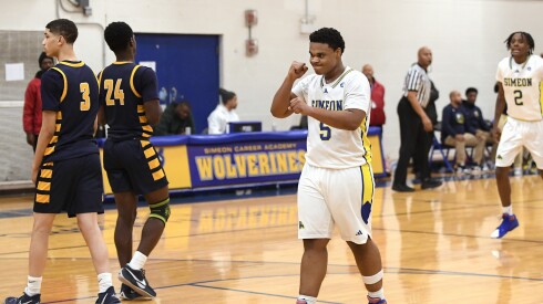 Simeon's Kamari Hamlin (5) reacts from the free throw line in the final seconds of the game last season against Lincoln Park.
