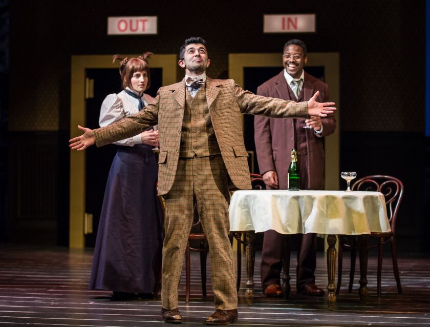 Behzad Dabu (center) is Barnaby Tucker, with Sydney AGermaine as Minnie Fay and Postell Pringle as Cornelius Hackl in the Goodman Theatre production of “The Matchmaker.” (Photo: Liz Lauren)