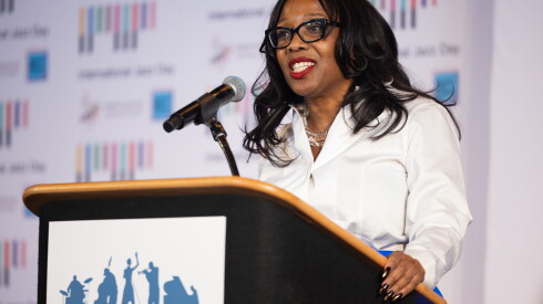 Kenya Merritt, Commissioner of the Department of Cultural Affairs, speaks during a press conference at the Cultural Center in the Loop. Merritt announced Chicago as the host city of the 15th International Jazz Day celebration upcoming in April.