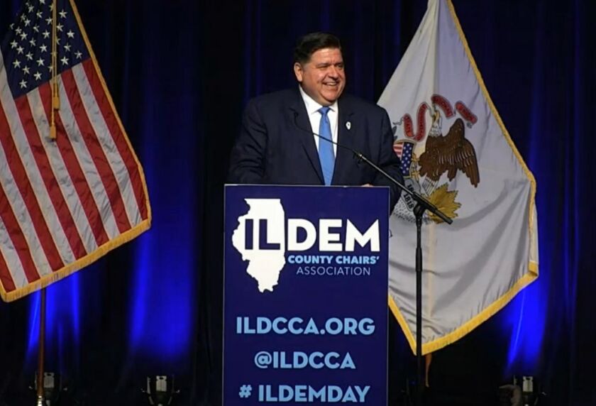 Gov. J.B. Pritzker speaks at the Illinois Democratic County Chairs’ Association brunch in Springfield on Wednesday.