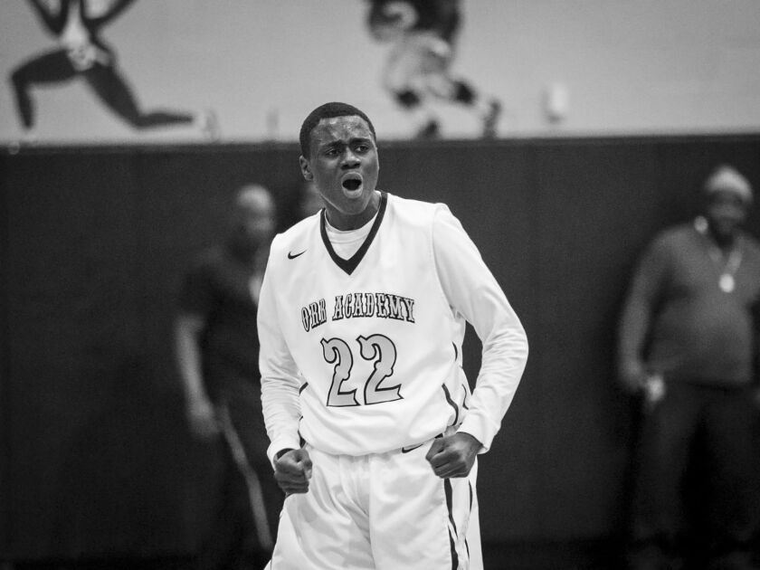 Rayvond Turner gets fired up during a game against North Lawndale College Prep High School at Orr Academy High School, Jan. 13, 2017.